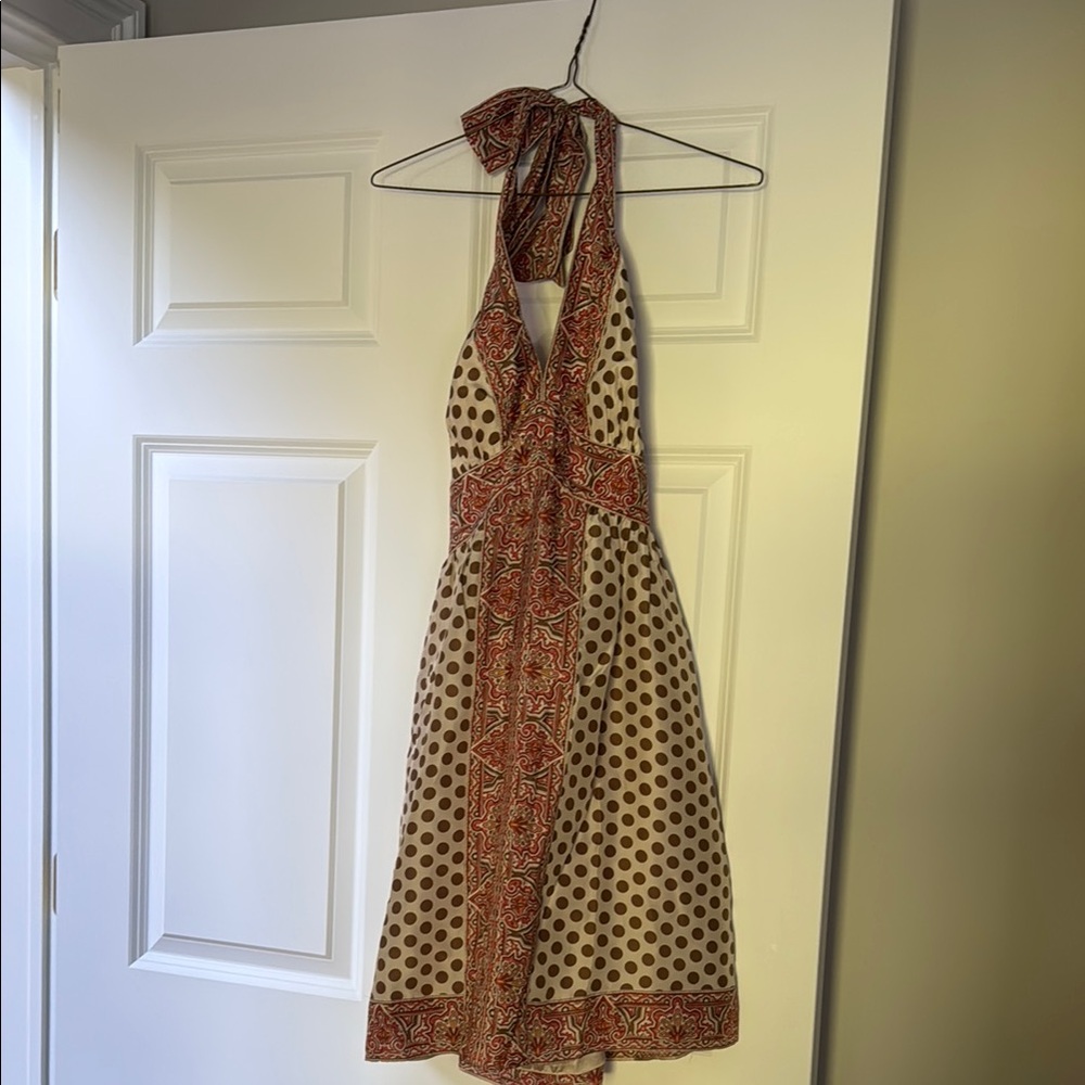 Polka Dot Halter Dress with Red Accents